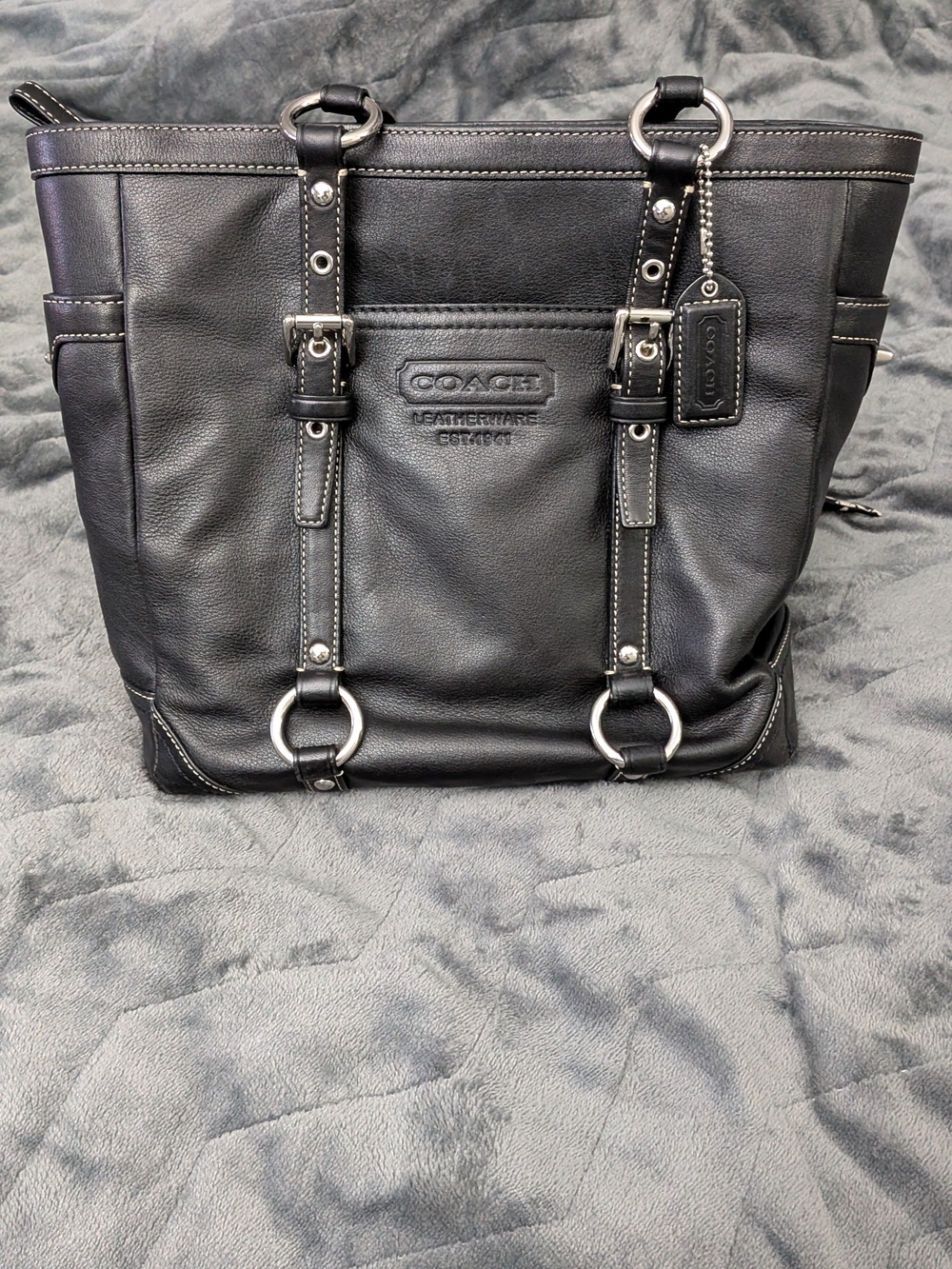 Coach Black Leather Tote Bag with Ring Hardware